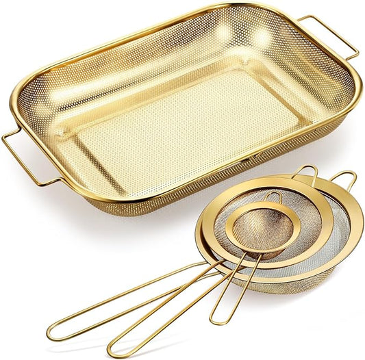 LemonRoad Gold Over the Sink Colander with Expandable Handles and 3 Pcs Gold Fine Mesh Strainer Large Stainless Steel Colander Strainer Basket for Kitchen Accessories (15-18.1 L x 10.6 W x 2.4 H)