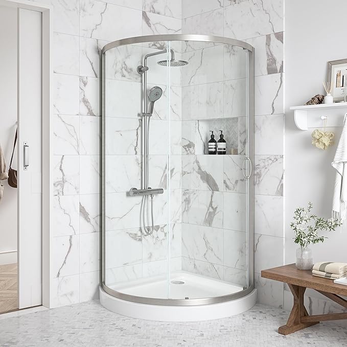 OVE Decors Breeze 36 in. Corner Shower Clear Sliding Door with Base in Satin Nickel Finish