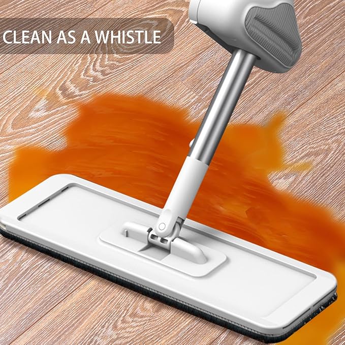 Hands-Free Self Wringing Cleaning Flat Mop - Microfiber with 6 x Washable Pads,,Floor Scrub Brush，Floor Squeegee (1 Mop+6 Microfiber Pads +1 Brush+1 Glass Wiper)