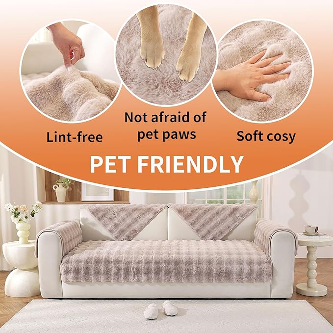 Waterproof Dog Bed Cover Non Slip Couch Cover for Dogs Washable Soft Faux Fur Sofa Cover Couch Covers for 3 Cushion Couch Sofa Pet Friendly (Khaki)