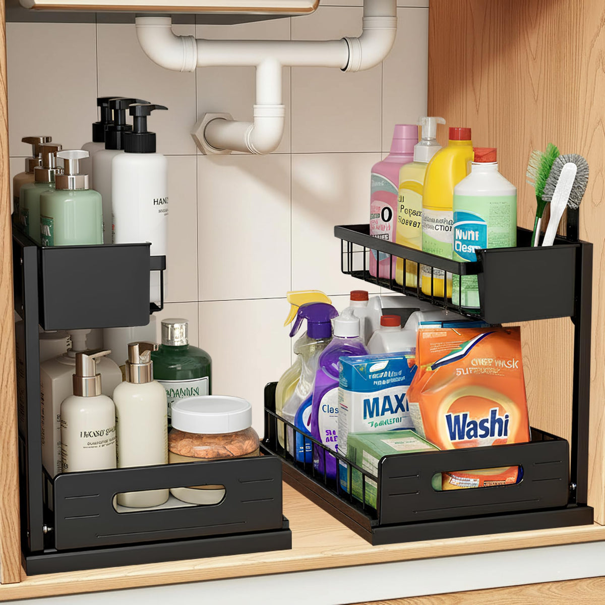 2 Pack Under Sink Organizer, Heavy Duty 2 Tier Slide-Out Storage - Image 1