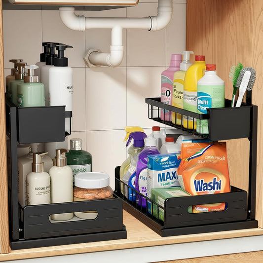 2 Pack Under Sink Organizer, Heavy Duty 2 Tier Slide-Out Storage - Image 1