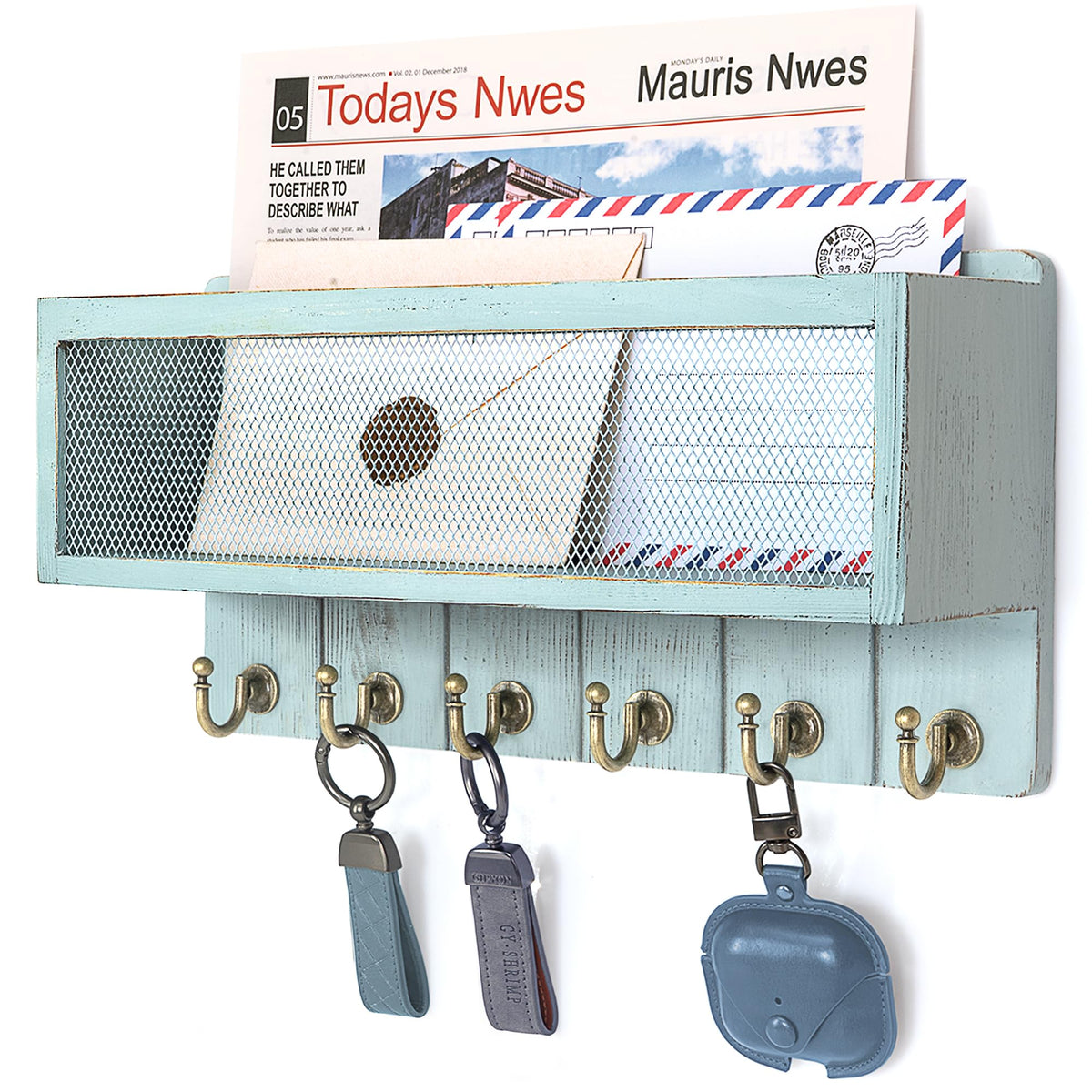 Key Holder Wall Mount with Mail Basket for Home Decor, Blue - Image 1