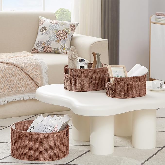 Vagusicc Wicker Storage Basket, Set of 3 Hand-woven Storage Baskets for Organizing, Round Large Wicker Baskets for Storage Decor, Pantry Storage Cubes Organization Baskets for Shelves, Brown