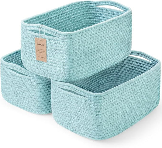3-Pack Small Storage Baskets for Organizing | Woven Shelf Toy Basket | Rope Baskets for Gifts Empty | Closet Organizer Bins with Handles | Cube Decorative Box | 11.8×7.8×5.1” | Light Blue