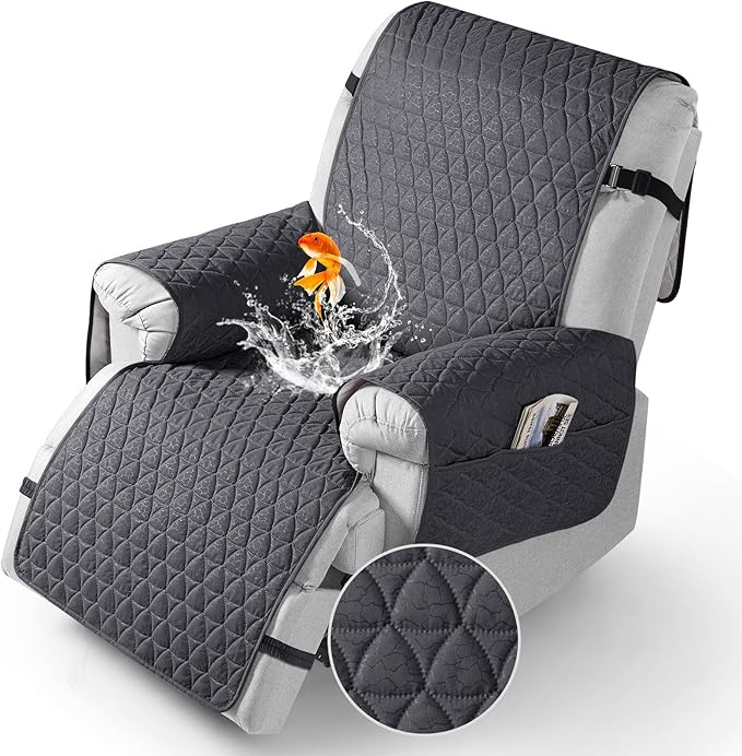 TAOCOCO 100% Waterproof Recliner Cover - Recliner Cover with Non-Slip Granule, Recliner Chair Covers with Elastic Band, Recliner Chair Covers for Reclining Chair(Black Grey,Medium-25'')