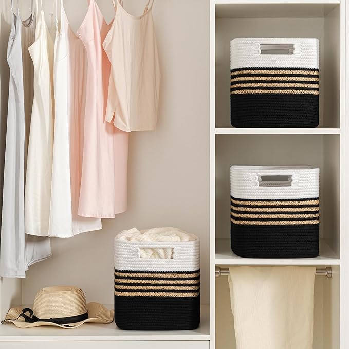 UBBCARE Set of 3 Storage Cubes 13 X 13 X 13 in, Water Hyacinth Storage Bins for Shelves, Toys, Book, Storage Baskets with Handles, Cotton Rope Woven Baskets for Organizing, Black