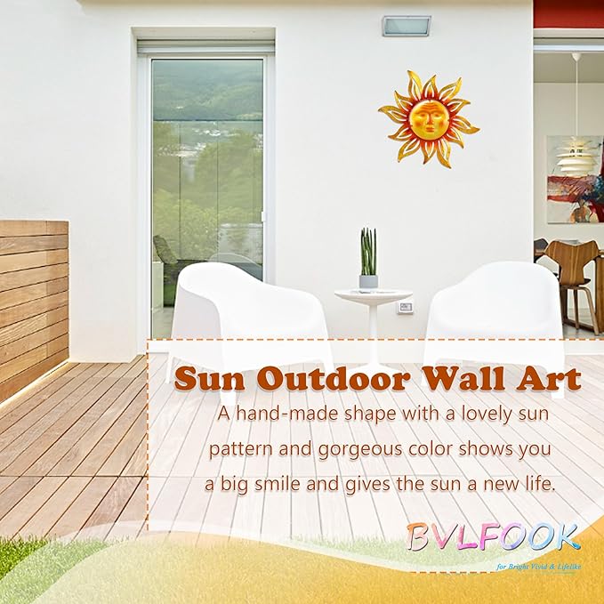 Metal Sun Outdoor Wall Art Decor Large 19 Inch, Hanging for Indoor Outdoor Patio Garden Fence Deck Yard Pool Wall Sculpture Decoration for Living Room Bedroom Colorful Unique