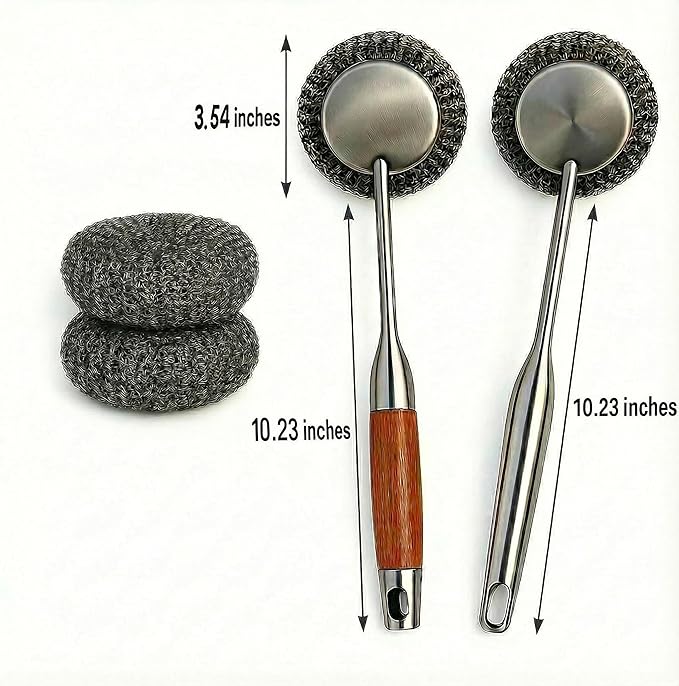 2-Pack Stainless Steel Scrubber Set with 2 Pcs Pads, Steel Wool & Steel Ball Cleaning Brush with Replaceable Heads, Heavy Duty Steel Cleaner for Oven, Stove, Dishes & Grill