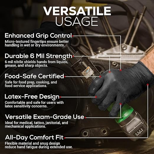 First Glove Volt 6 Mil Black Nitrile Disposable Gloves - 100 Count Large - Food Safe Heavy Duty Gloves for Cooking, Cleaning, Industrial & Food Service - Latex Free, Powder Free, Micro-Textured Grip