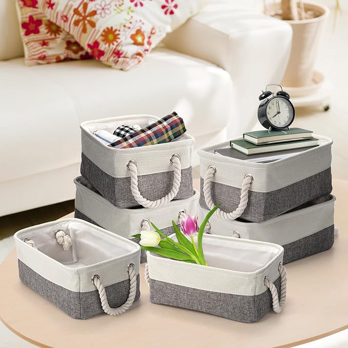 Dicunoy 6 Pack Storage Baskets for Organizing, Small Cloth Basket Bins with Handles, Empty Gift Baskets, Fabric Canvas Boxes for Classrooms, School, Shelves, Nursery, Closet, Toys, 12 x 8 x 5 inch