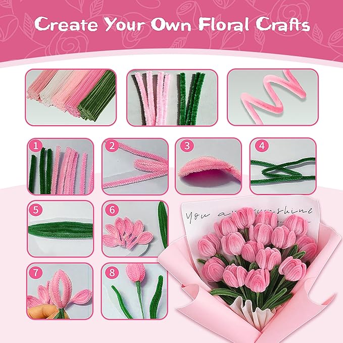 500PCS Pipe Cleaners Craft for Flower - 5 Assorted Colors Chenille Stems Pipe Cleaners Bulk 25sturdy floral stems, 200Stamens, Ribbon, Glue Sticks & Pearls for DIY Bouquets & Home Decor(Pink)
