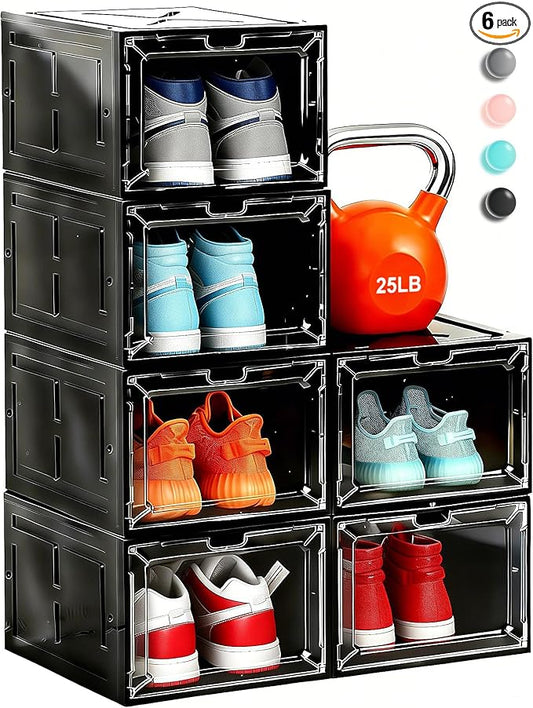 6 Pack Stackable Clear Shoe Boxes with Black Frame, Large Plastic Shoe Organizer Storage Bins for Sneakers & Boots, Magnetic Front Door, Space Saving Closet Shoe Case