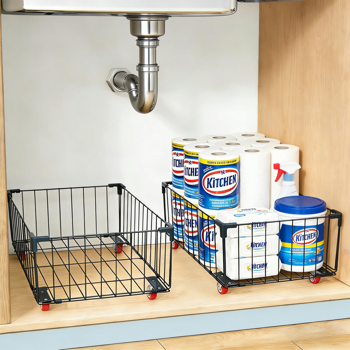 2Pack, Under Sink Organizer,Cabinet Organizers and Storage, Metal Storage Basket,Large capacity, Can Hold 40-70 Liters, Easily Push And Pull, Convenient For Cleaning Under Sink