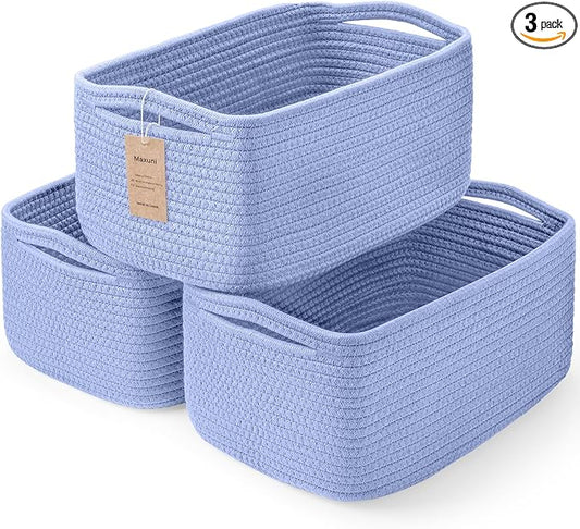 3-Pack Storage Baskets for Organizing | Woven Shelf Toy Basket | Rope Baskets for Gifts Empty | Closet Organizer Bins with Handles | Cube Decorative Box | 13.7×7.1×6.7” | Sky Blue