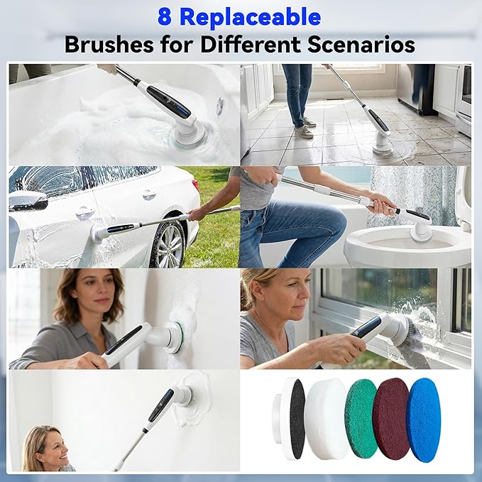 Electric Spin Scrubber, Cleaning Brush with 8 Brush Heads - Dual Speed IPX7 Waterproof Power Scrubber for Heavy-Duty Bathtub, Glass, Tile, and Car Cleaning Brush (White)