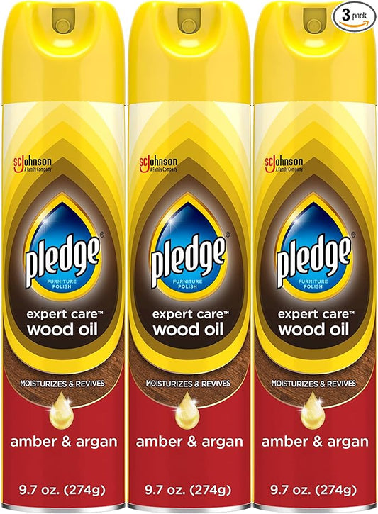 Pledge Moisturizing Wood Oil, Furniture Reviving Spray, Amber & Argan Scent, 9.7oz (Pack of 3)