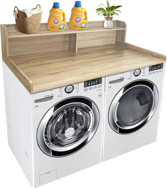 Royxen Laundry Countertop with 2-Tier Shelf Universal Fit, Washer and Dryer Countertop with Storage Space, Shelf Height 11.5 Inches, Solid Wood Core, White Oak