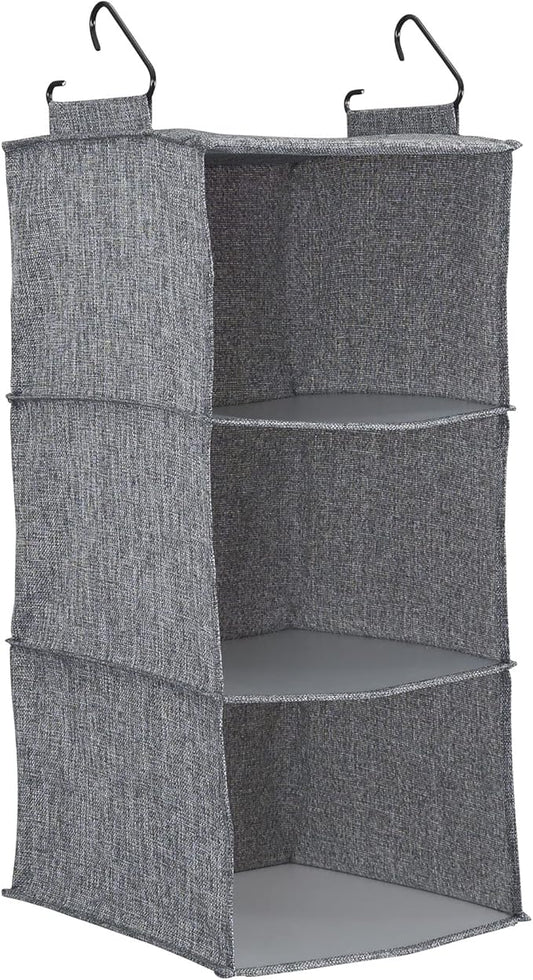 Household Essentials 3 Shelf Hanging Closet Organizer, Hanging Shelf with Hooks, Poly Linen and PEVA Shelving