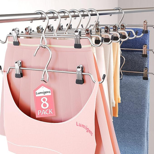 Pants Hangers Space Saving,Stackable Skirt Hangers with Clips, Hanging Closet Organizer and Storage,Clothes Hangers, College Dorm Essentials Apartment Essentials- 8 Pack
