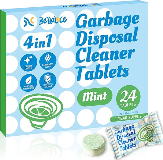 Garbage Disposal Cleaner Deodorizer Tablets-24 Pack Deep Cleaning Disposer Descaler Freshener-Heavy Duty Grease Grime Limescale Odor Smell Remover-for Kitchen All Disposals Mint Foaming 1 Year Supply