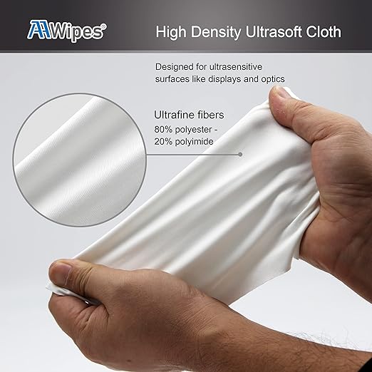 AAwipes Cleanroom Microfiber Wipes 4"x4" Knitted Superfine (400 Counts/Bag, 180gsm, Polyester-Polyamide, #MF18004) High-End Lint Free Cloths for Fiber Optics, Laser Sealed Edge, Class 100 Cloths