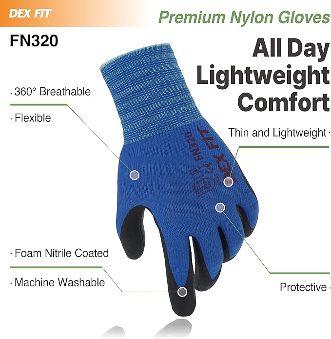DEX FIT Nylon Work Gloves FN320, 3D Comfort Fit, Power Grip, Lightweight & Breathable, Touchscreen, Gardening, Yard Work, Warehouse, Delivery Driver Gloves; Blue 10 (XL) 12 Pairs