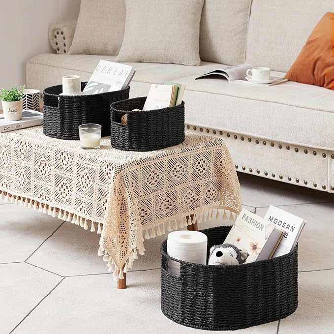 Vagusicc Wicker Basket, Set of 3 Round Storage Baskets for Organizing, Woven Paper Rope Wicker Storage Basket with Handles, Black Cube Storage Organizer Bins Baskets for Shelves & Decor, Black