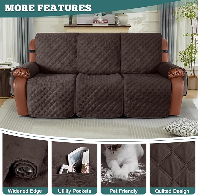Ruaozz Waterproof Recliner Sofa Covers, Couch Covers for Reclining Couches 1-Piece Reclining Couch Cover Washable Furniture Protector with Elastic Straps Pocket for Kids Pets (Chocolate, 3 Seater)
