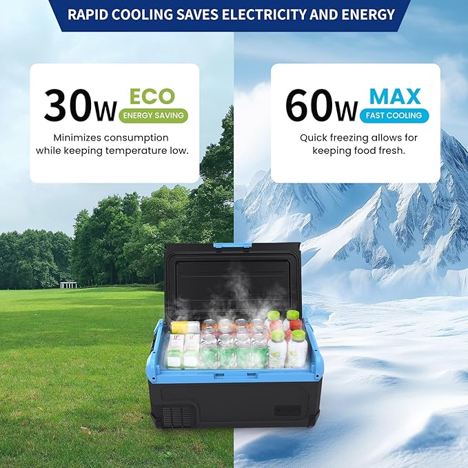 20L Car Refrigerator Freezer, 21QT Single Zone Portable Fridge with Blow Expansion Evaporator, Reversible Door, LED Control, Fast Cooling, 100–240V AC / 12V / 24V DC, -4℉~68℉, Ice Blue