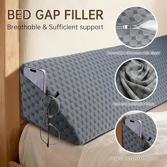 King Size (76"x6"x8") Bed Wedge Pillow for Headboard Mattress Gap Filler (0-6") for College Dorm Sleeping, Dark Gray