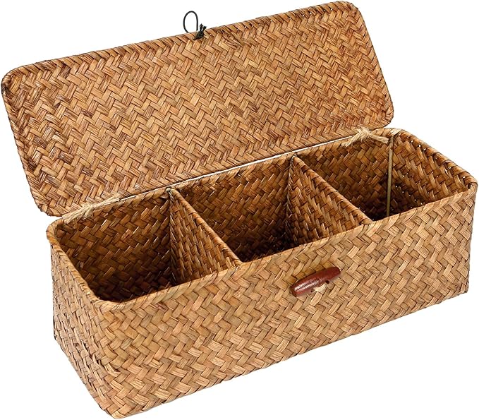 Seagrass Tank Basket with Lid with Rectangular Small Shelf Baskets Bin, Toilet Paper Basket with 3 Sections for Organize,Home Organizer Bin for Shelves Bathroom Closets Kitchen