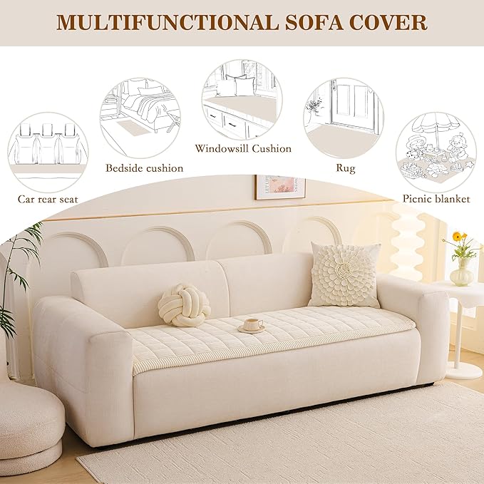 MEETSKY Couch Cover for 2 Cushion Couch Sofa, Non-Slip Couch Cover for Dog Washable Sofa Protector Pet Friendly Dog Mats for Couches Soft Furniture Covers, 27.6" x 70.9", Cream