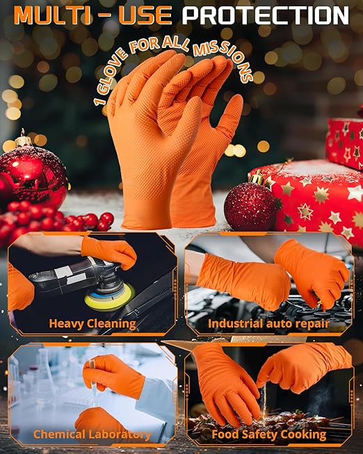 10mil Nitrile-Gloves Disposable-Orange Chemical-Resistant Rubber - Mechanic Gloves Heavy Duty, Latex Free, Diamond Grip (100, Medium)