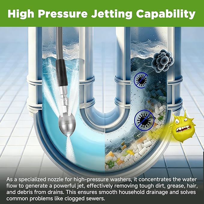 Sewer Jetter Nozzle for Pressure Washer, 3/8" NPT Internal Thread Strong Shot Jetter Head, Stainless Steel Power Washer Drain Jetter Cleaner, 3000 PSI