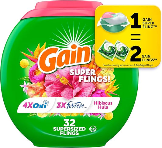 Gain Super Flings Laundry Detergent Pacs, 32 Count, Hibiscus Hula scent, irresistibly clean and fresh washing detergent laundry soap pacs