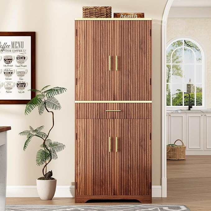 Fluted Pantry Cabinet, 71" Tall Modern Storage Cabinet with 4 Doors, Organizer, Drawer and 8 Door Shelves, Wood Cupboard for Kitchen, Dining Room, Living Room and Bathroom, Walnut