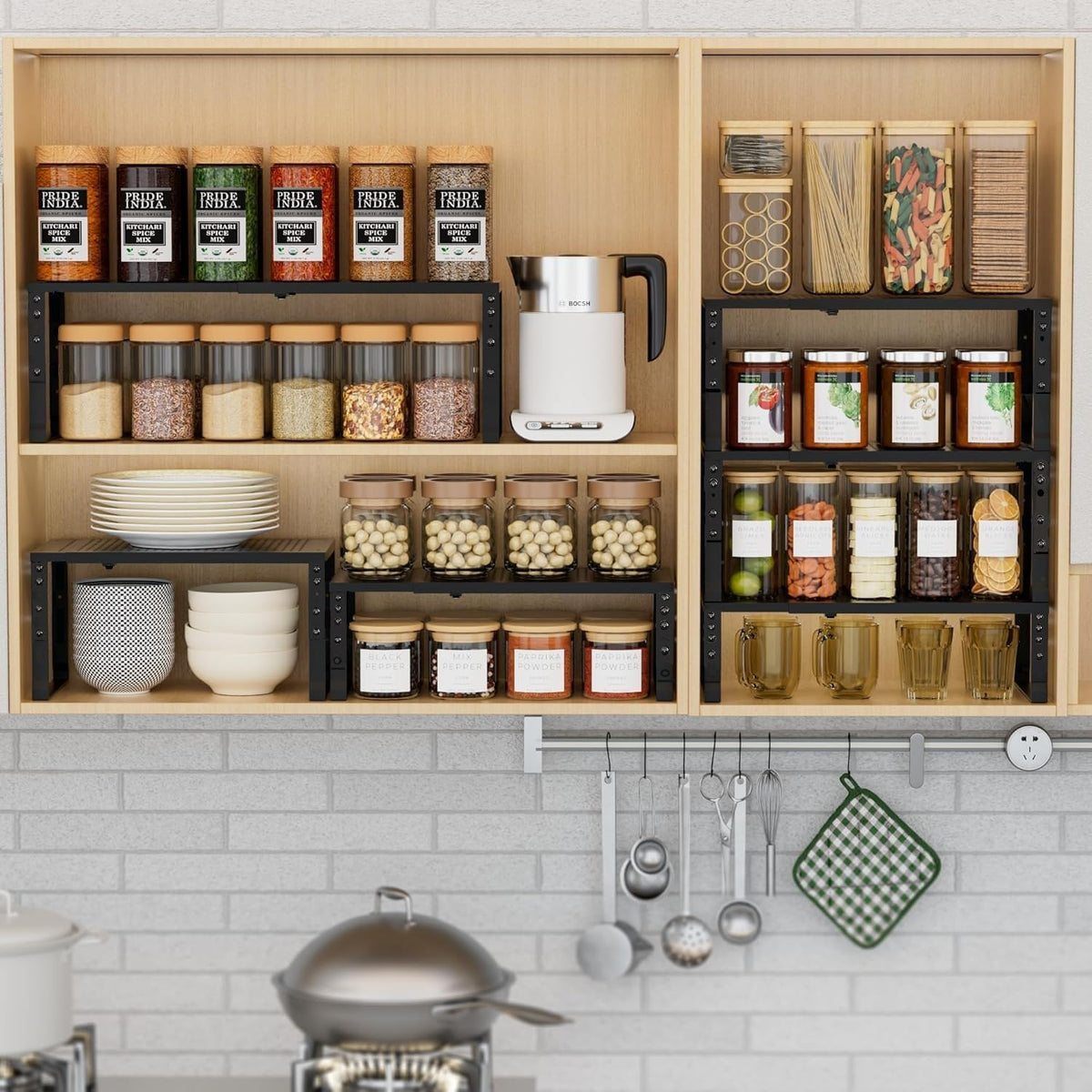 Expandable Stackable Cabinet Shelf, Black, 1-Pack