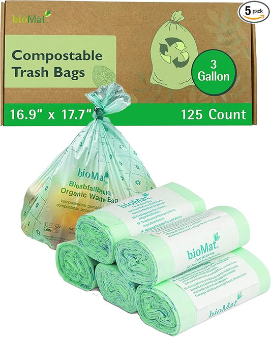 bioMat 3 Gallon Compostable Food Scrap Bags, 125 Count, Compost Bags for Kitchen Compost Bins, BPI ASTM D6400 and CMA Certified Biodegradable Trash Bags