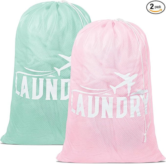 2 Pack Large Mesh Laundry Bag, Heavy Duty Laundry Bags with Drawstring, Laundry Hamper Liner, Machine Washable, for Travel, Storage, Sports, Dorms and Apartment Dwellers, 24 x 36 Inches (Pink+Green)