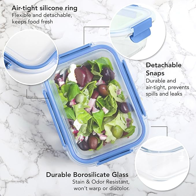 ECOBERI 4.5 Cup Glass Meal Prep Containers with Lids & Silicone Sleeves, 3-Pack Airtight, Leak-Resistant Food Storage Containers for Fridge, Freezer, Oven & Microwave