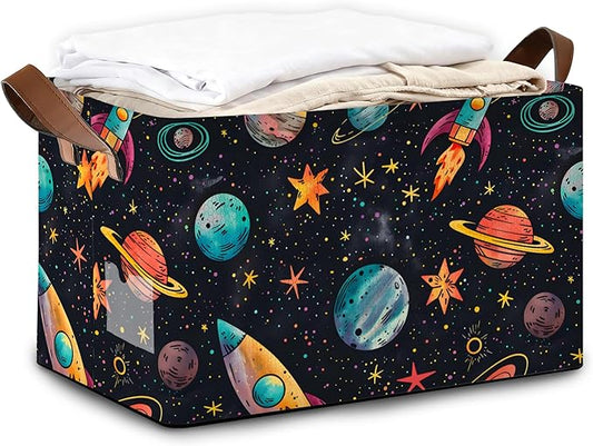 Decorative 32L Space Planet Storage Bins with Handles, Organization and Storage, Cube Storage Organizer for Hamper, Nursery