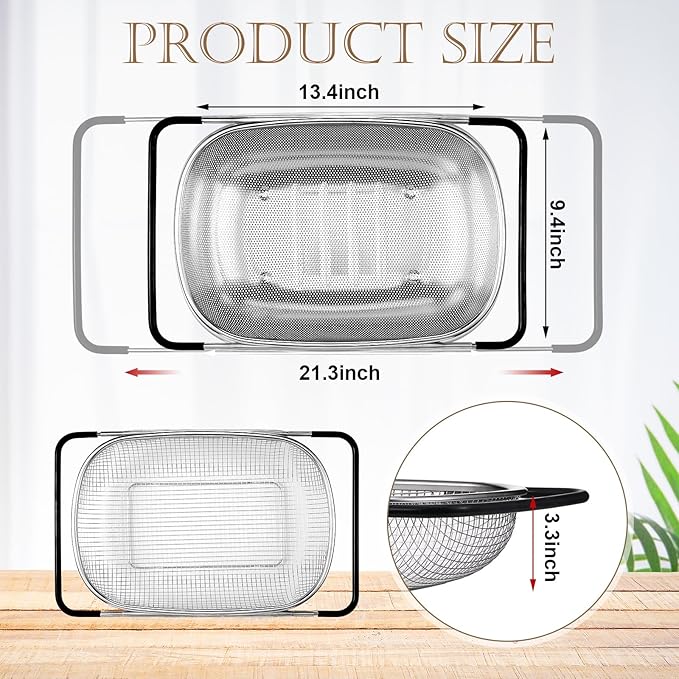 Tioncy 2 Pcs Large Over The Sink Colander, 6 Quart Stainless Steel Colander with Fine Mesh or Grid, Strainer Basket with Expandable Rubber Handles, Strain, Drain, Rinse Vegetable Fruit for Kitchen