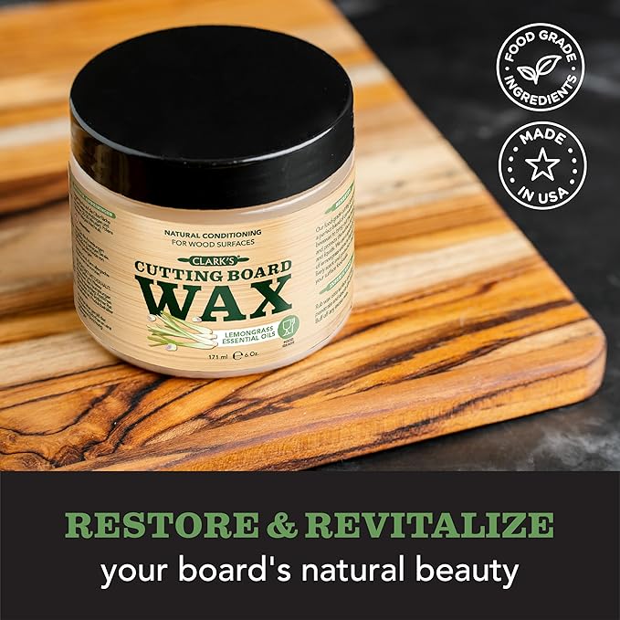 CLARK'S Cutting Board Wax - 2-in-1 Wood Butter & Food Grade Mineral Oil with Beeswax – Butcher Block Conditioner for Charcuterie & Cutting Boards – Lemongrass Essential Oil Scent – Made in USA, 6oz