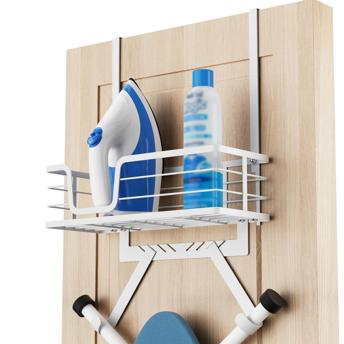 KES Over The Door Ironing Board Hanger with Storage Shelf, White - Image 1