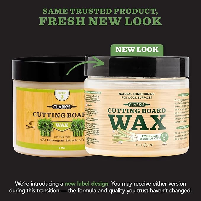 CLARK'S Cutting Board Wax - 2-in-1 Wood Butter & Food Grade Mineral Oil with Beeswax – Butcher Block Conditioner for Charcuterie & Cutting Boards – Lemongrass Essential Oil Scent – Made in USA, 6oz