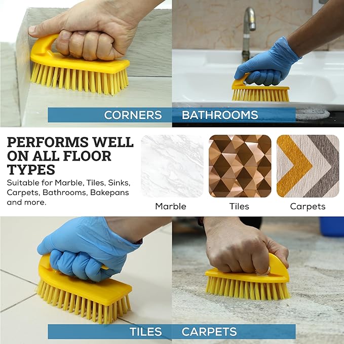 KLEEN HANDLER Iron Handle Scrub Brush for Household & Commercial Cleaning for Shower, Bathroom, Sink, Kitchen, Bathtub, Floor Scrubbing, 6 Pc - Yellow