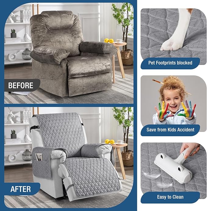 TAOCOCO 100% Waterproof Recliner Cover - Recliner Cover with Non-Slip Granule, Recliner Chair Covers with Elastic Band, Recliner Chair Covers for Reclining Chair(Light Gray, Small-22'')