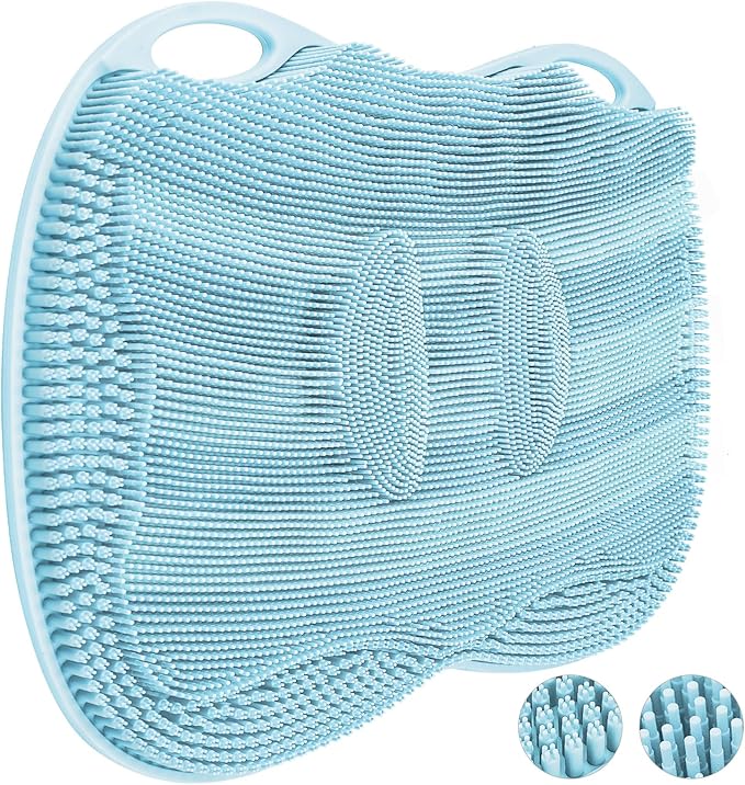 XL Shower Foot Scrubber Mat, Silicone Feet Massage Scrubber in Shower Clean Foot Toes Pad without Bending Non-slip Suction Cups -Blood Circulation Exfoliate Achy Relief 17.4*13.4" Light Blue