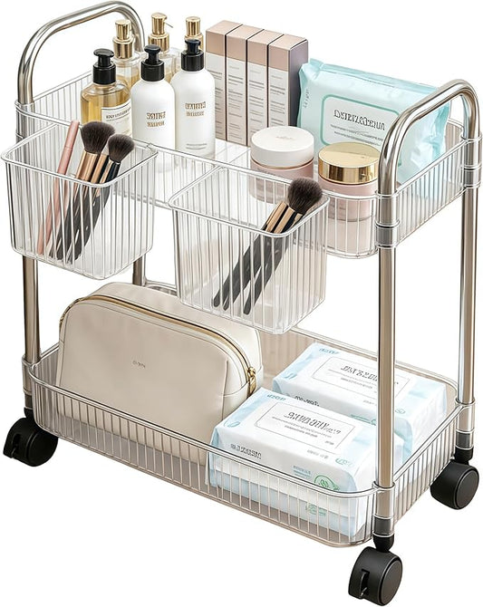 2 Tier Utility Rolling Cart with Wheels Sofa Side Table Small Under Desk Storage Organizer Plastic Mobile Trolley Organization Storage Cart for Kitchen Pantry Bathroom, Transparent